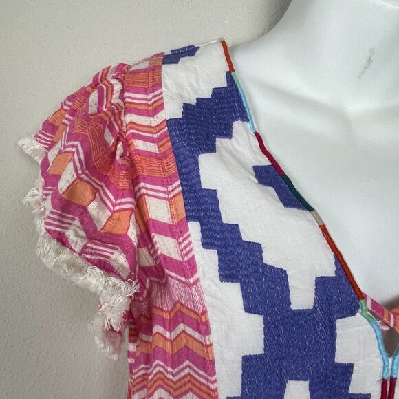 THML XS Pink Peach‎ Tribal Mini Dress Boho Fringe Tiered Cotton Metallic - Picture 3 of 8